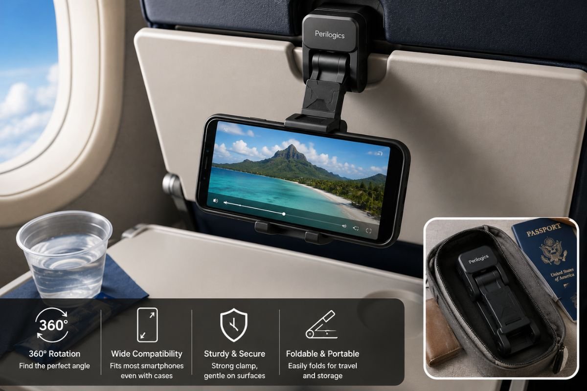 The Perilogics airplane phone holder mounted to an airplane tray table