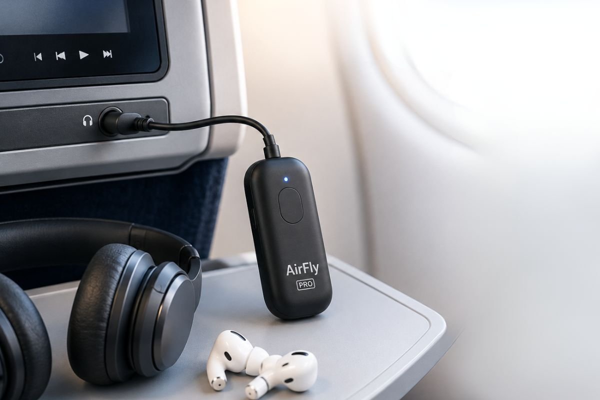 Twelve South AirFly Pro Bluetooth transmitter on an airplane tray with wireless earbuds and headphones