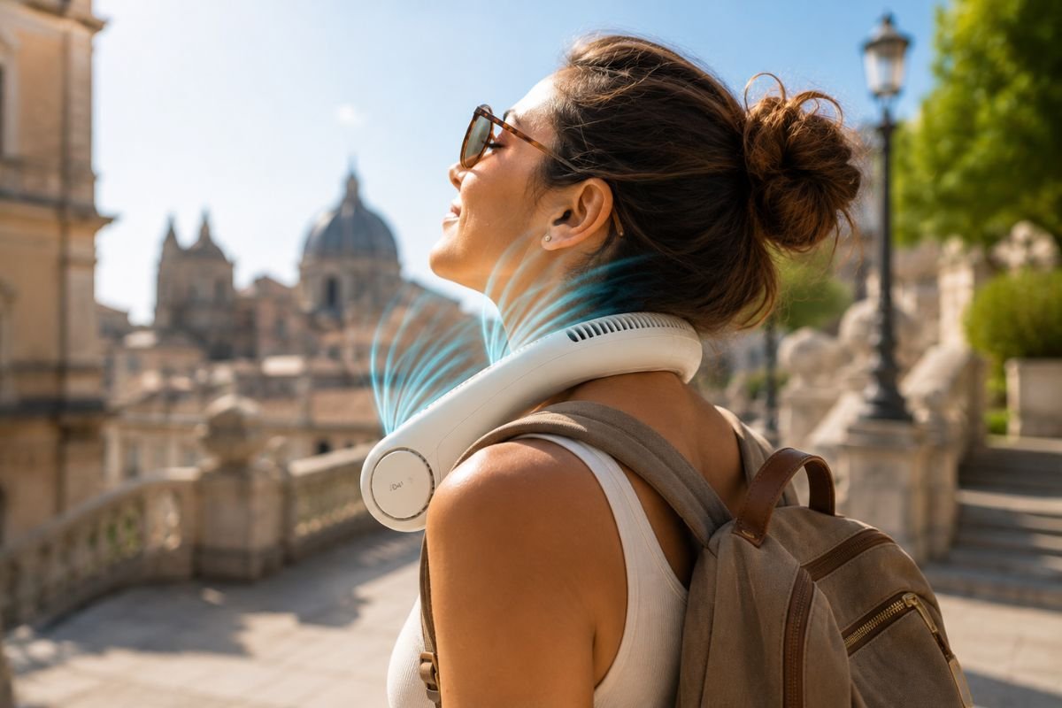 Side view of a traveler wearing a portable rechargeable neck fan while exploring a sunny destination