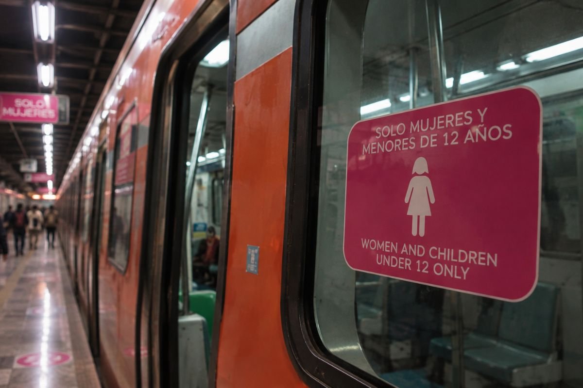 `Pink women-only car sign on the Mexico City metro`