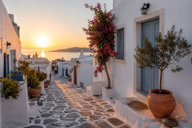 A quite, uncrowded whitewashed village street in the Mediterranean at sunrise