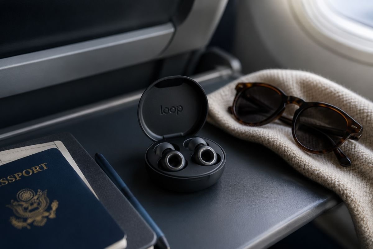`Loop Switch 2 earplugs in their case on an airplane tray table beside a passport and travel accessories`