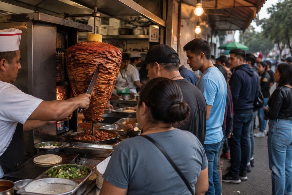 `Busy street food stand in Mexico City with fresh tacos al pastor`