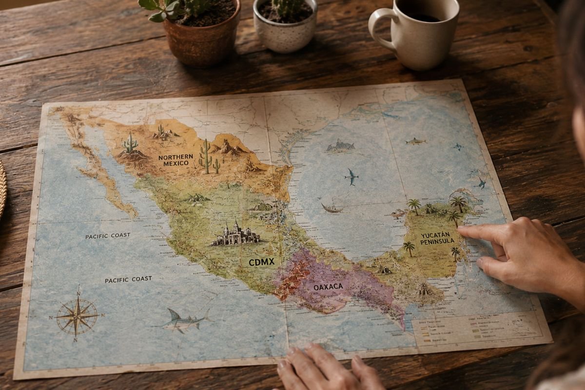 Map of solo travel regions in Mexico including CDMX, Yucatán, Oaxaca, and the Pacific coast