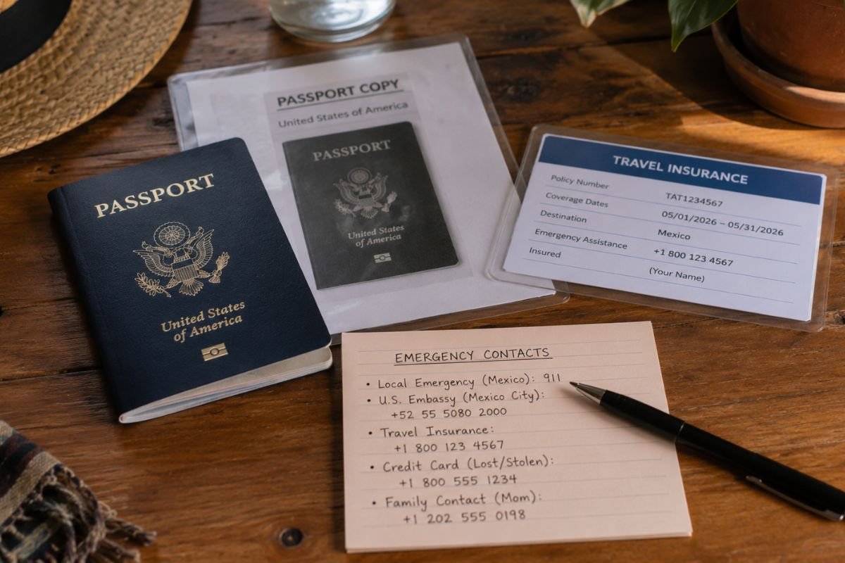 `Emergency travel documents including passport copies and insurance information for Mexico`