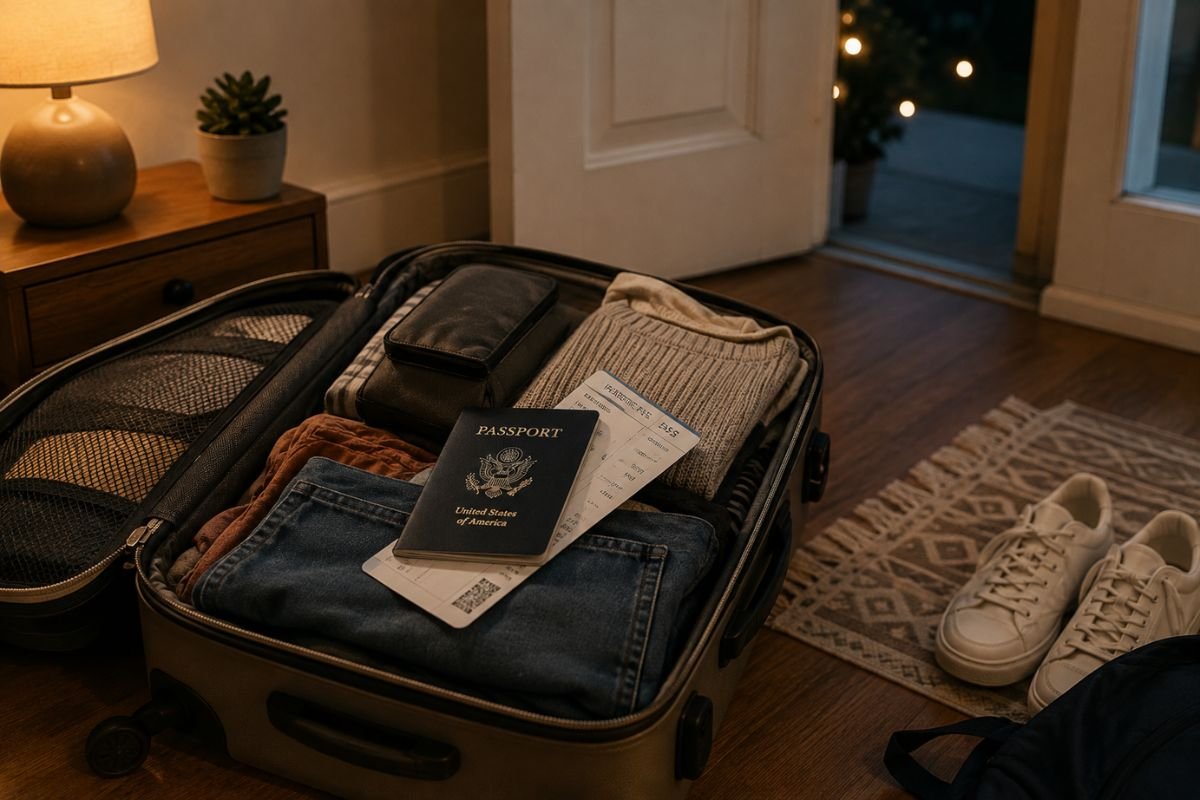 `Packed suitcase and travel documents ready the night before a trip`