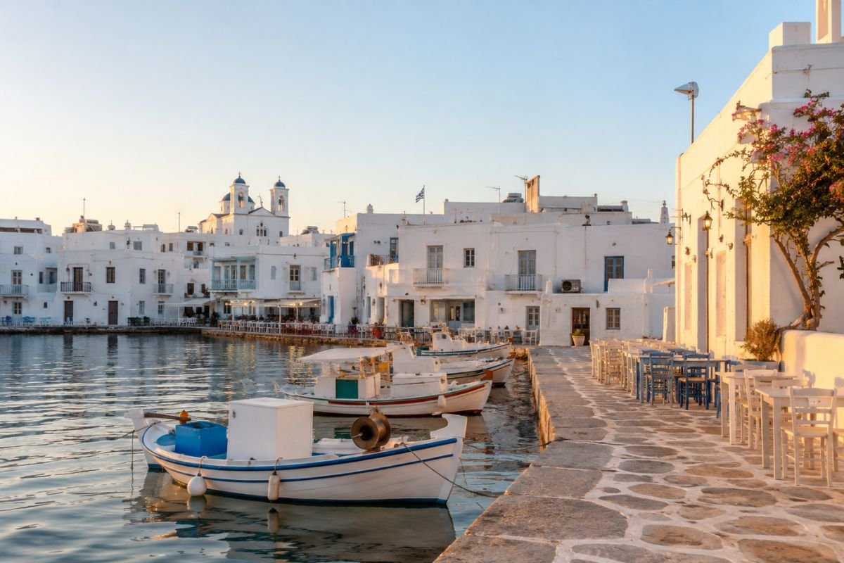 Whitewashed buildings line the quite harbor of Naoussa on Paros, Greece