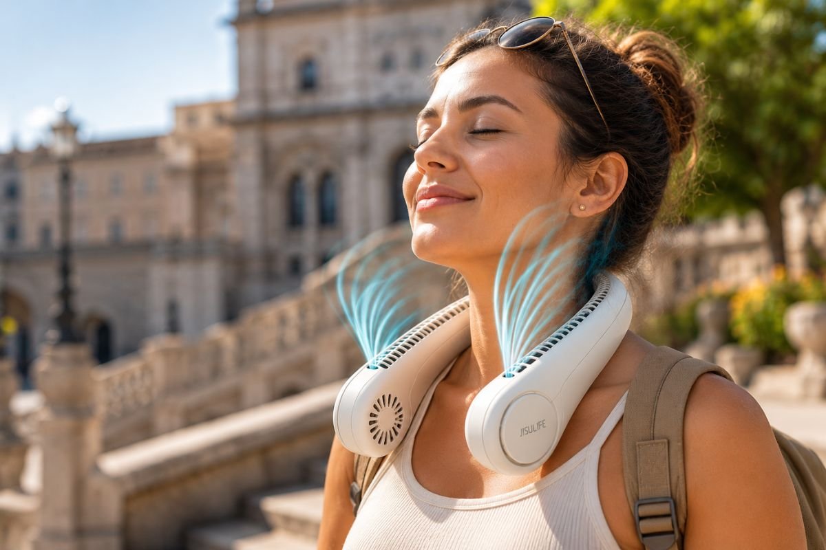 Traveler enjoying hands-free cooling with a portable bladeless neck fan during summer sightseeing