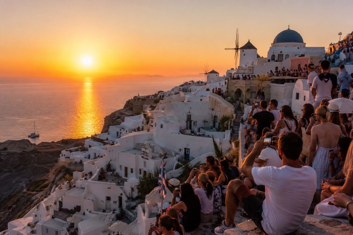 crowds gather along Santorini's caldera cliffs to watch the sunset in Oia, Greece