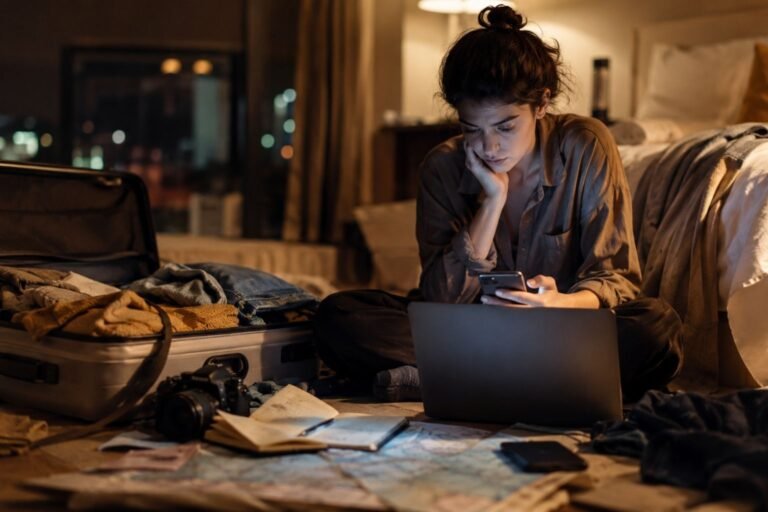 Person planning a trip late at night with laptop and suitcase, learning how to plan a trip step by step`