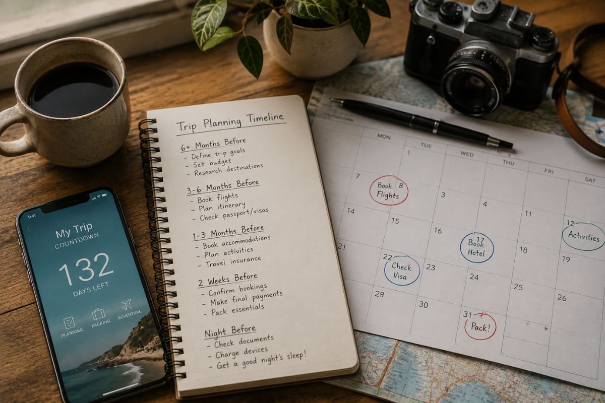 `Trip planning timeline from six months before departure to the night before`