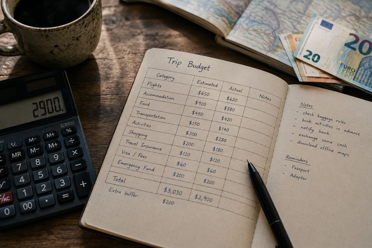 `Travel budget worksheet breaking down flights, hotel, food, and emergency fund`
