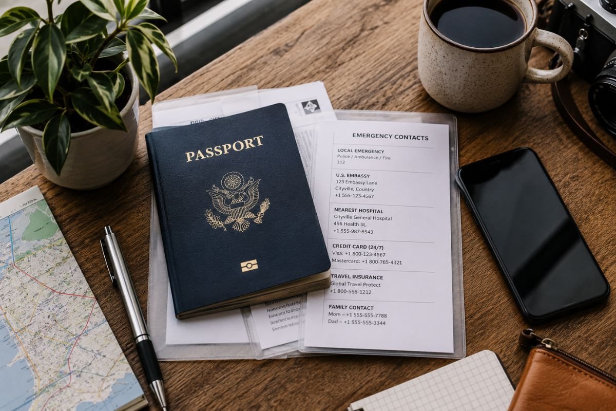 `Emergency travel documents including passport copies and embassy contact information`