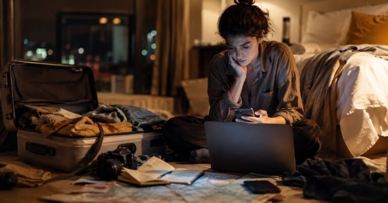 Person planning a trip late at night with laptop and suitcase, learning how to plan a trip step by step`