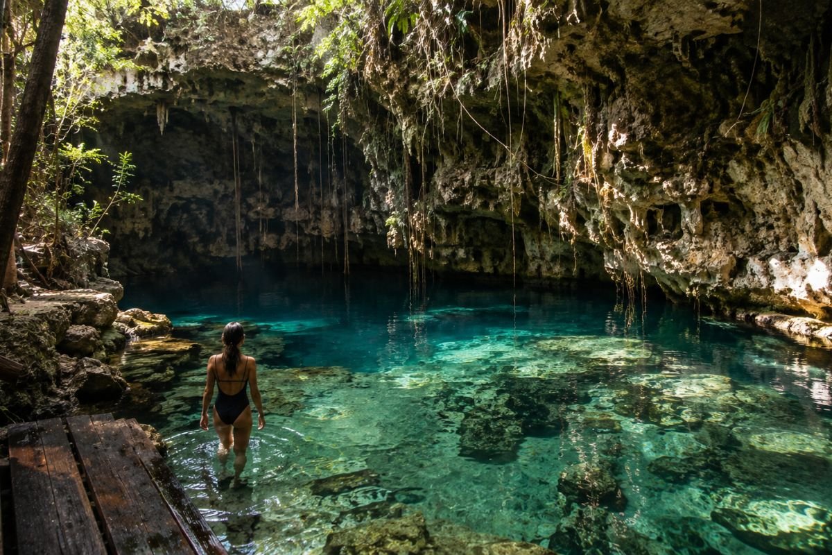 `Cenote near Tulum, a popular solo day trip destination in Mexico`