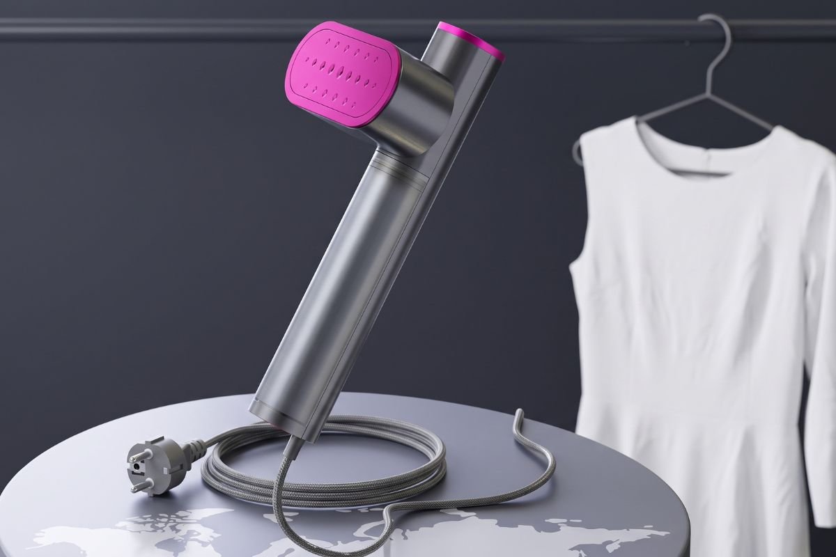 A grey and fuchsia travel garment steamer floating on a map-patterned table with its cord and plug. A white dress on a hanger is blurred in the dark grey background.