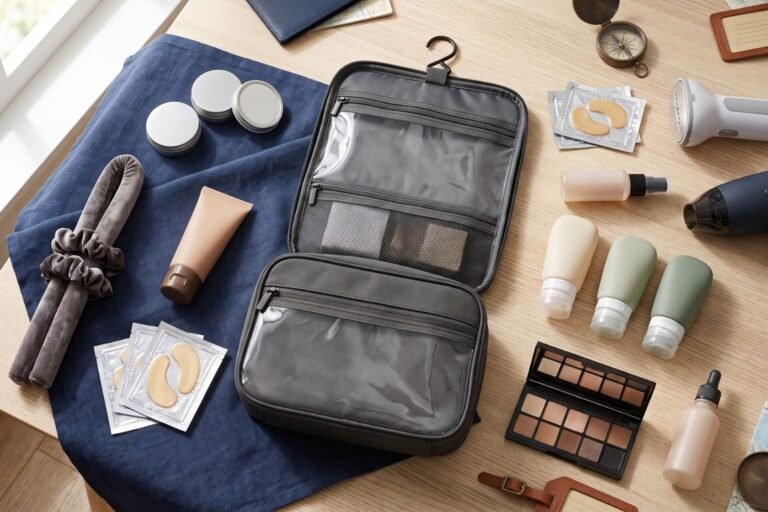 A professional photograph of an opened hanging toiletry bag with clear compartments, filled with various travel beauty products, hanging next to a wooden-bottom backpack on a light wood wall.