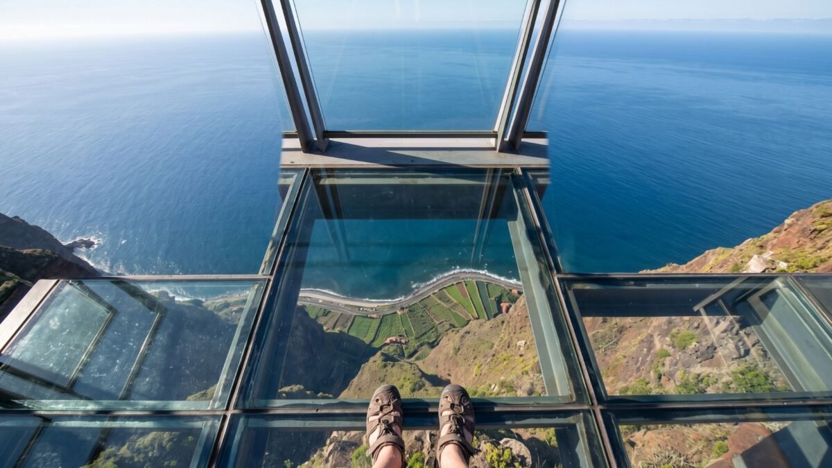 `Glass floor viewing platform at Cabo Girão sea cliff Madeira`