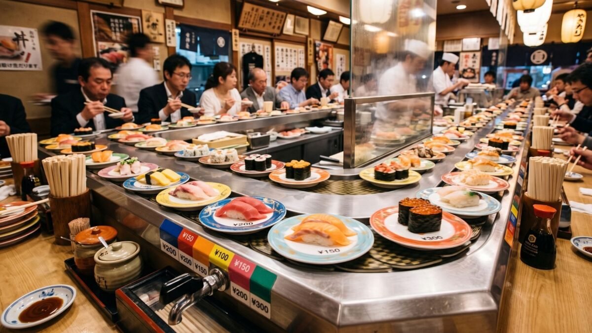 Conveyor belt sushi in Tokyo, a good entry point for first-time visitors