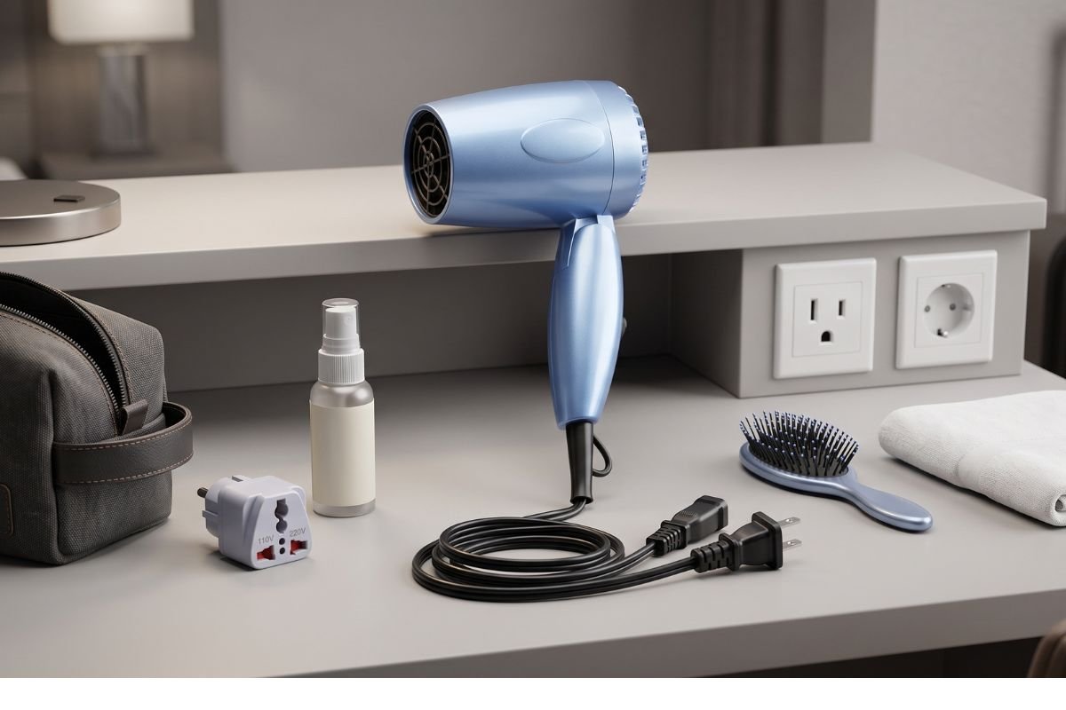 A flat lay photo of a metallic light-blue mini hair dryer shown fully extended and also in its folded state, next to US and European plugs and an adapter, against a blurred wooden background with a sandwich.