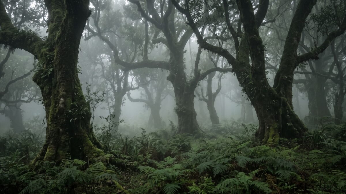 `Fog rolling through the ancient Laurisilva trees at Fanal Forest Madeira`