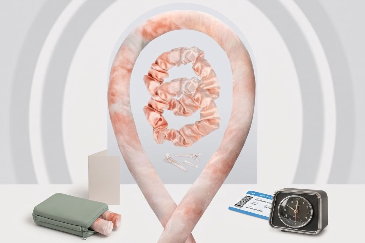 An organized flat lay of travel beauty items, including a light pink velvet heatless curler set with a horseshoe-shaped rod, nested scrunchies, clear clips, an instruction card, a cosmetic bag, and a travel clock.