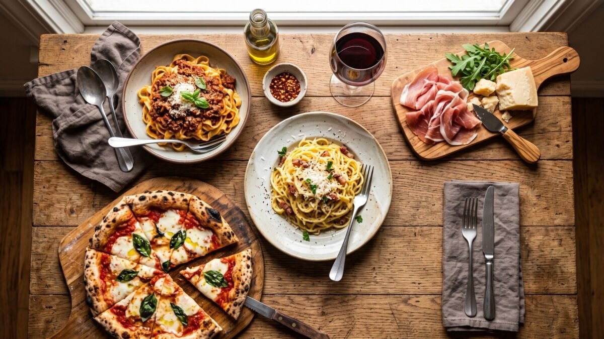 Italian regional dishes including carbonara, tagliatelle al ragù and Neapolitan pizza on a rustic table