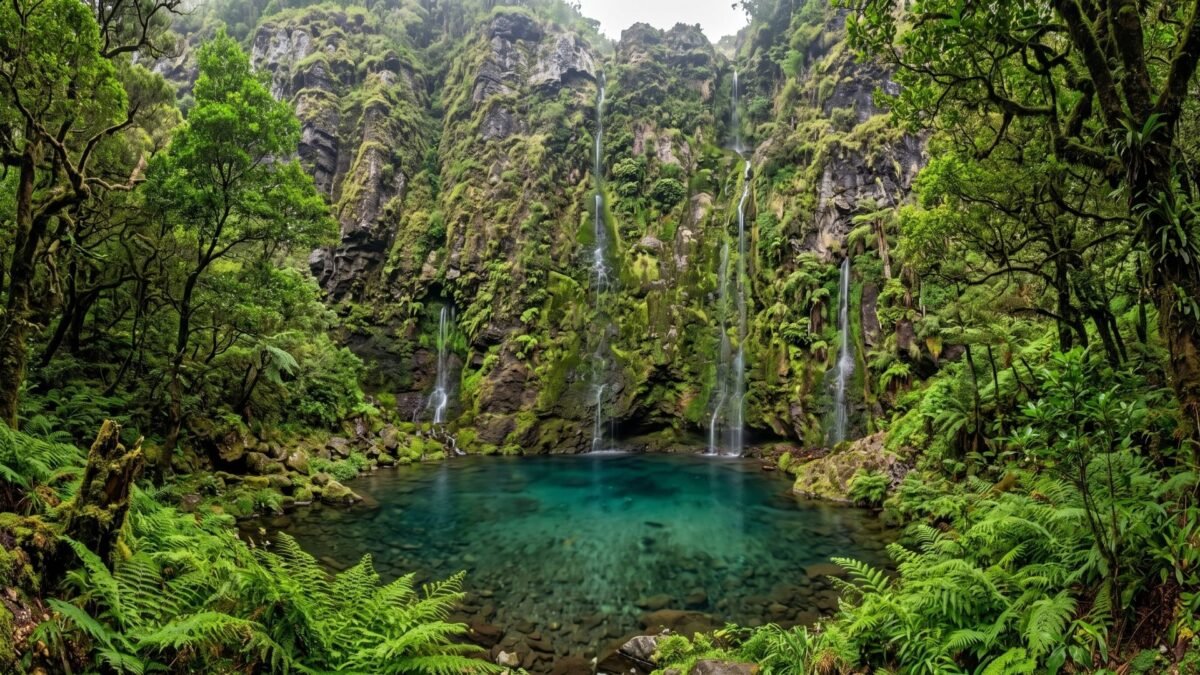 `Levada das 25 Fontes waterfall lagoon in Madeira`
