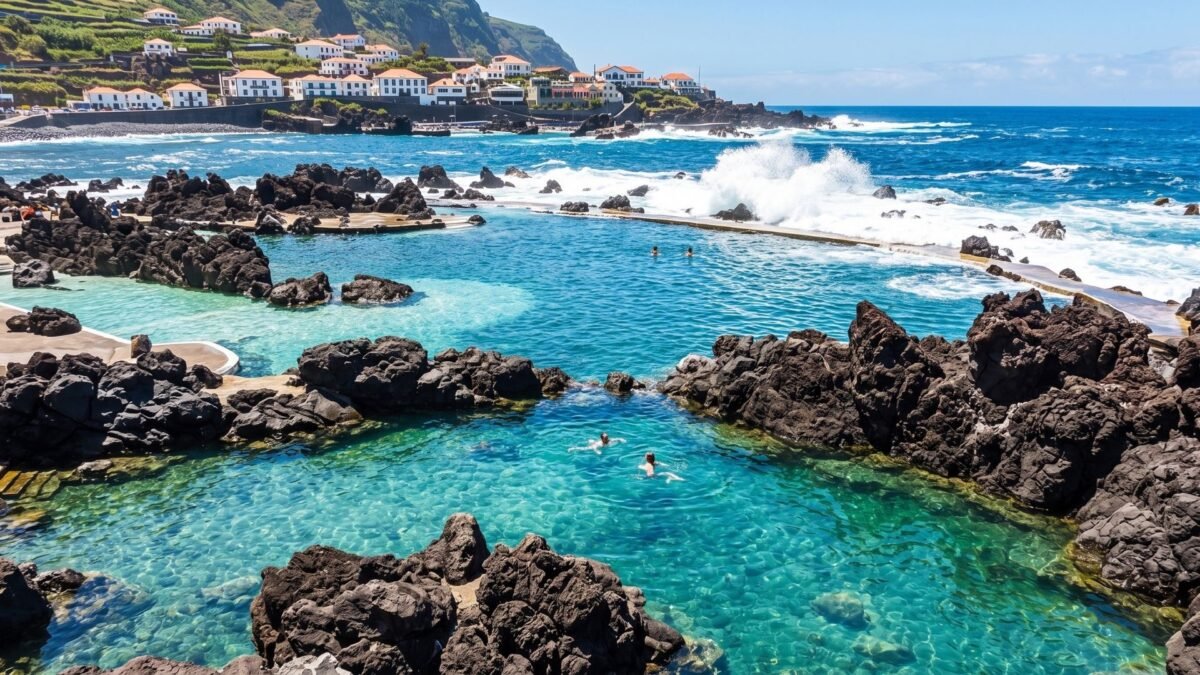 `Natural lava swimming pools at Porto Moniz Madeira`