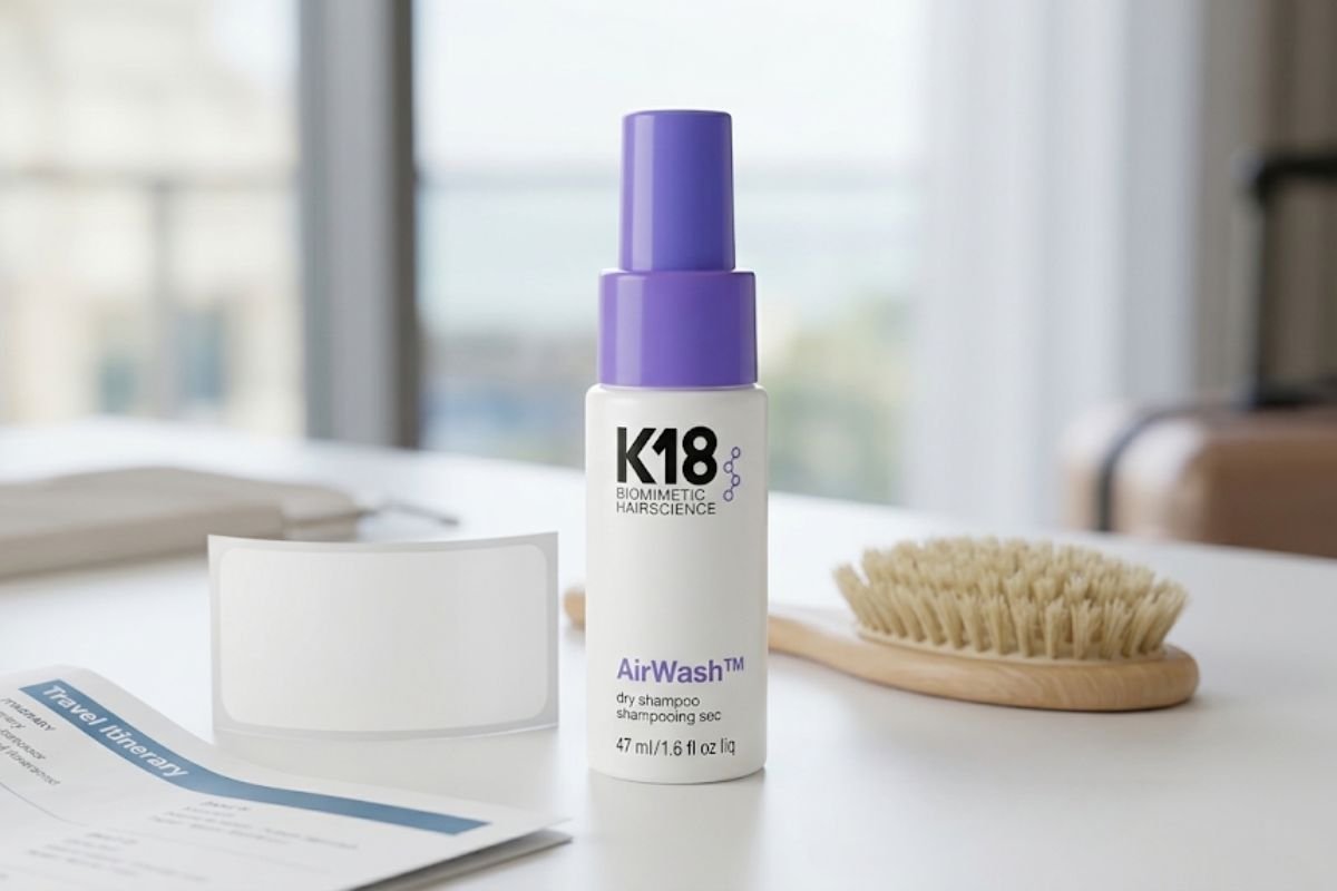 Travel-size K18 AirWash dry shampoo bottle on a bright hotel desk beside a wooden hairbrush, room, and itinerary.