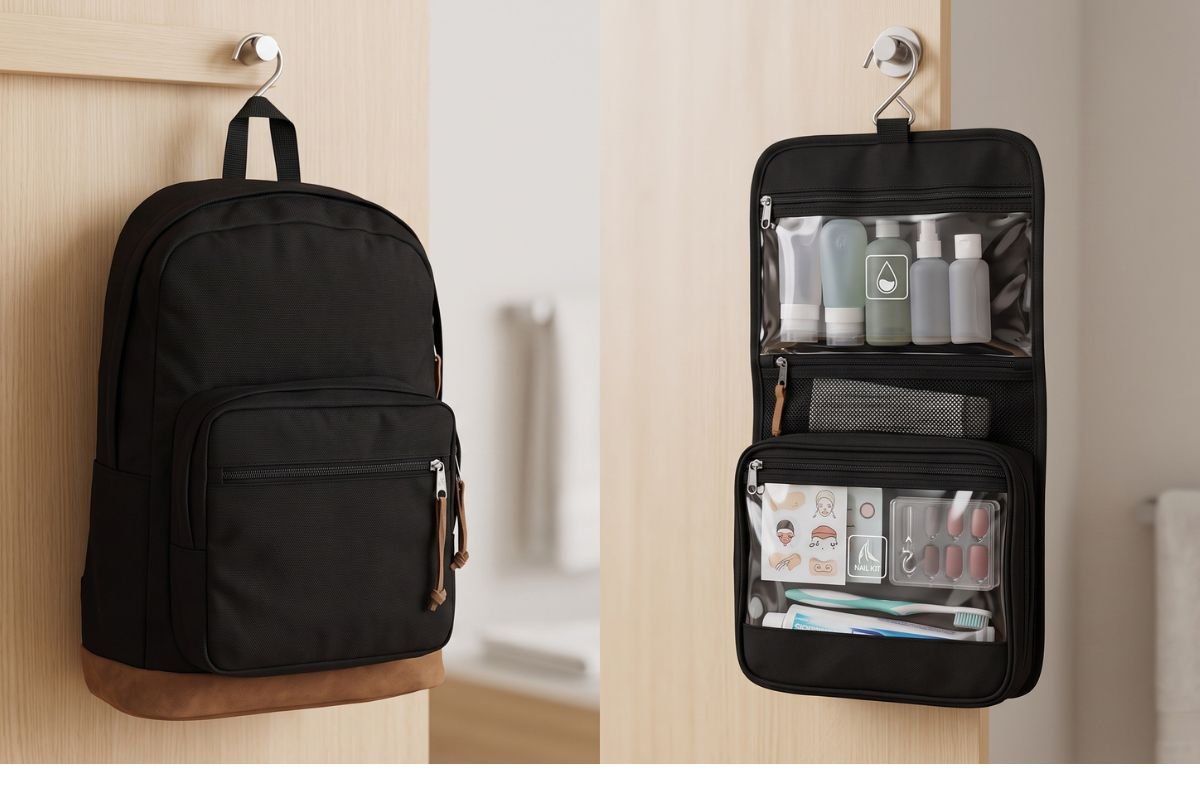 A detailed photo of an unbranded black canvas hanging toiletry bag fully open on a rack, showing multiple clear compartments filled with travel-size toiletries, including bottles, patches, and a generic nail kit.