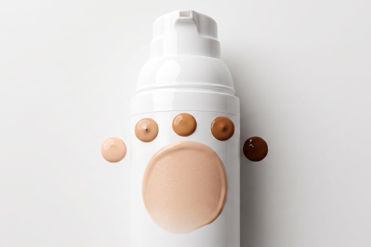A central white cosmetic bottle with a pump dispenser, featuring four circular swatches of various skin-toned creams and a larger, central circular tan-toned swatch, against a light gray background.