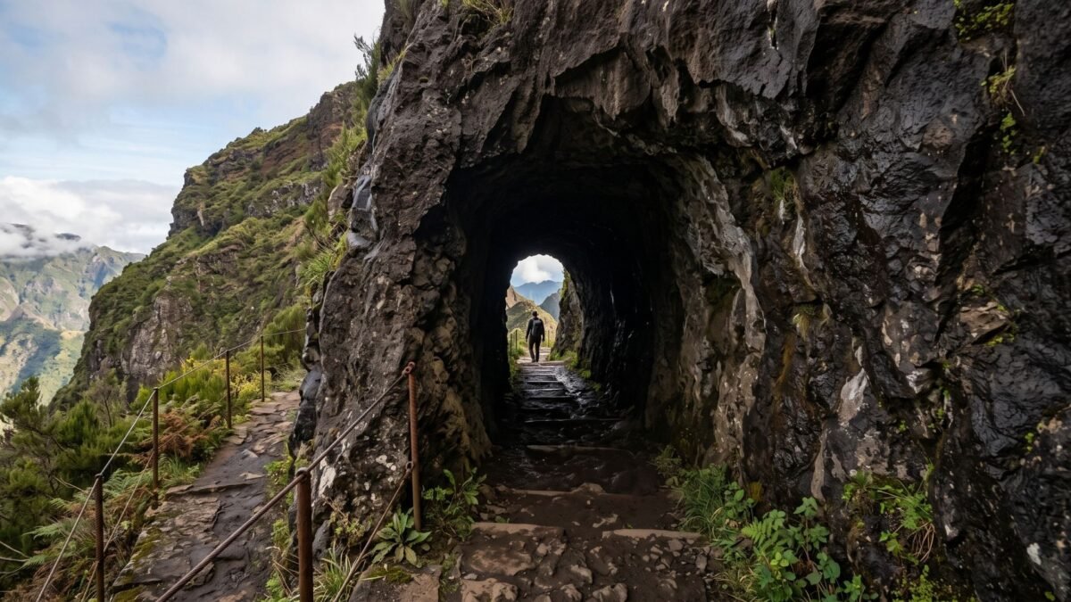 `Unlit hiking tunnel on the Pico do Arieiro to Pico Ruivo trail Madeira`