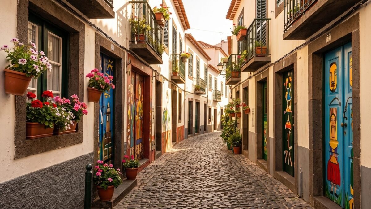 `Painted doors on Rua de Santa Maria in Funchal old town Madeira`