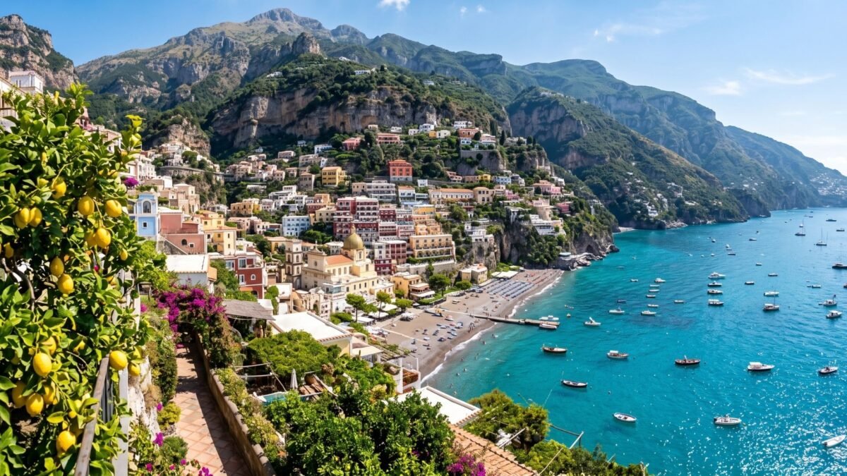 Positano's pastel houses on the Amalfi Coast cliffs above a turquoise sea