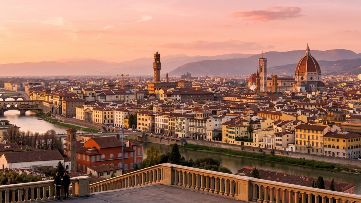Florence skyline at sunset with the Duomo, Arno River and Ponte Vecchio from Piazzale Michelangelo