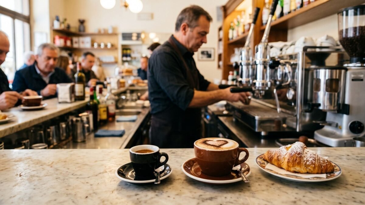 Espresso and cappuccino on the marble counter of a traditional Italian coffee bar