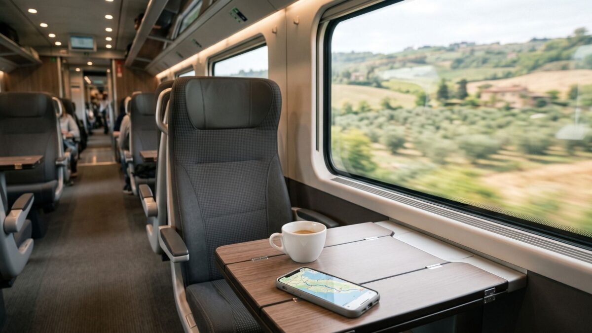 View of the Italian countryside from a window seat on a high speed train
