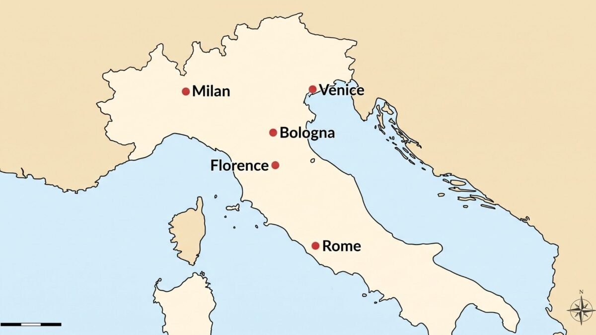 Map of a 10 day Italy itinerary by train from Rome to Florence, Bologna and Venice