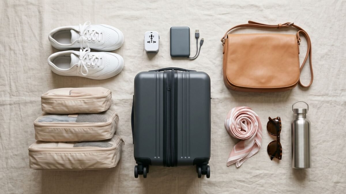 Italy packing list flat lay with walking shoes, carry on suitcase, packing cubes and travel adapter