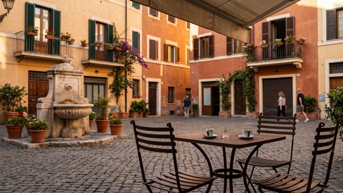 Café table with two espresso cups in a quiet Italian piazza in late afternoon light