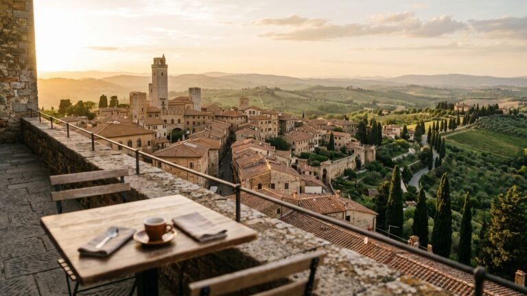 Italian hill town at sunset with terracotta rooftops and Tuscan hills behind an espresso on a café table
