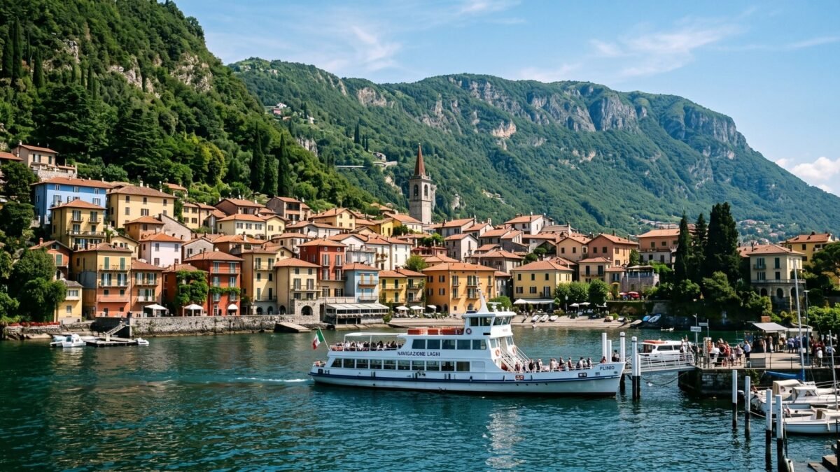 Colourful village of Varenna on Lake Como with a ferry arriving and mountains behind