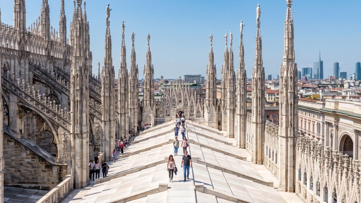 Gothic marble spires on the rooftop terraces of the Duomo di Milano
