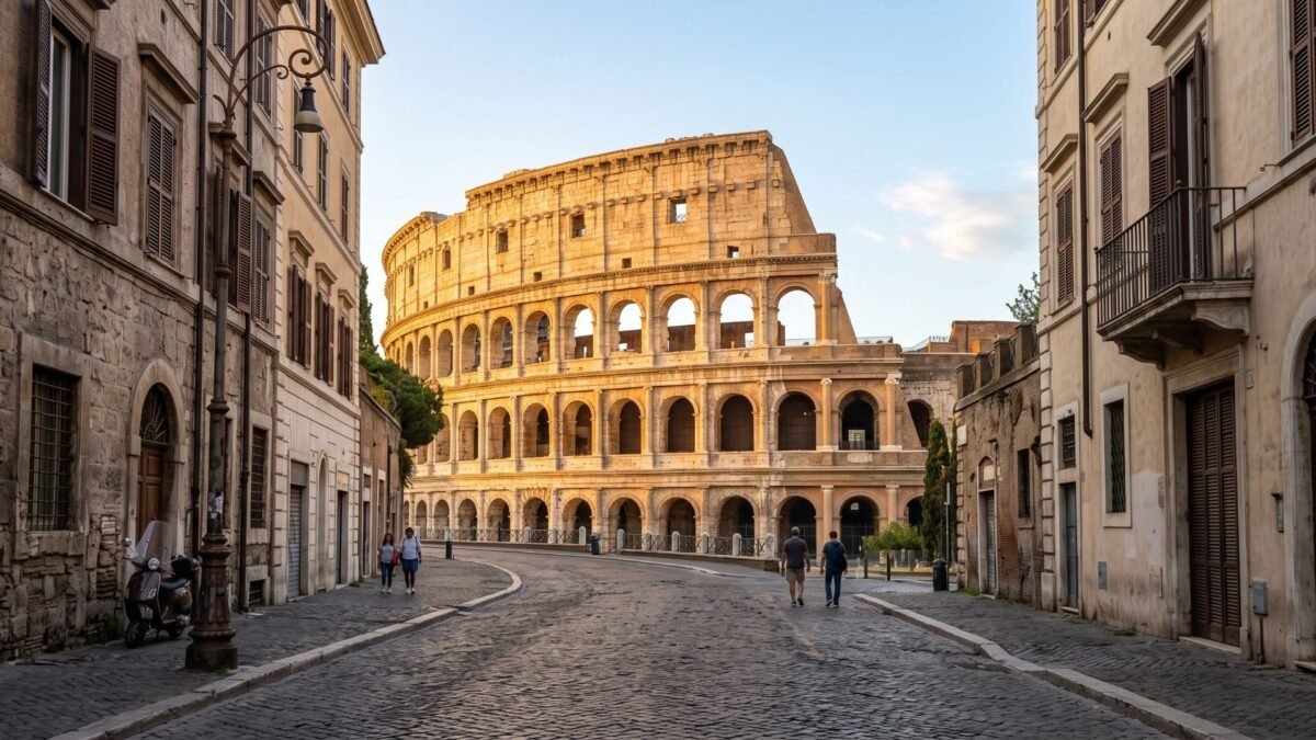 Colosseum in Rome in soft early morning light seen from a quiet cobblestone street