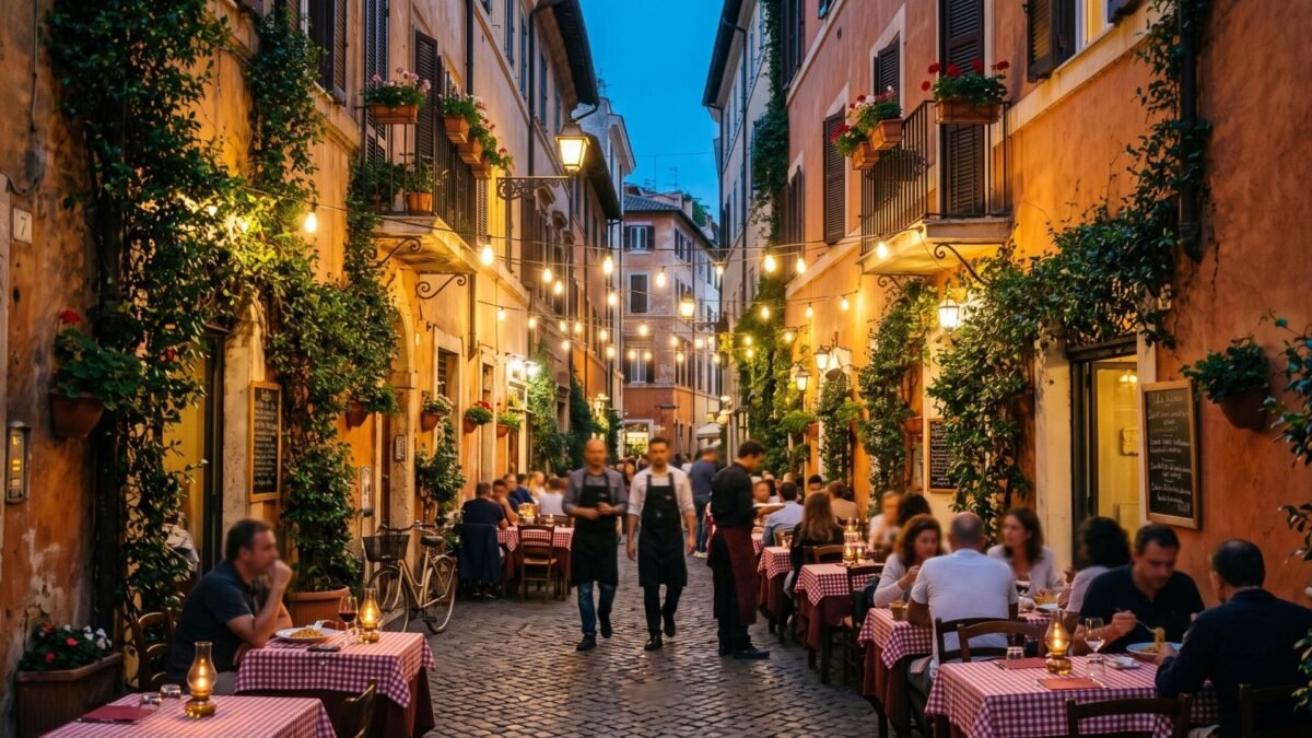 Evening outdoor dining on an ivy covered street in Trastevere, Rome