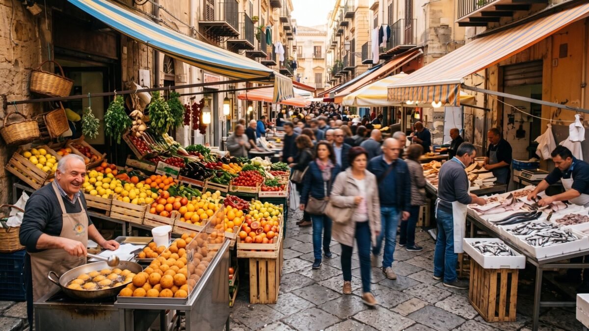 Palermo street food market in Sicily with arancine, citrus and fresh produce