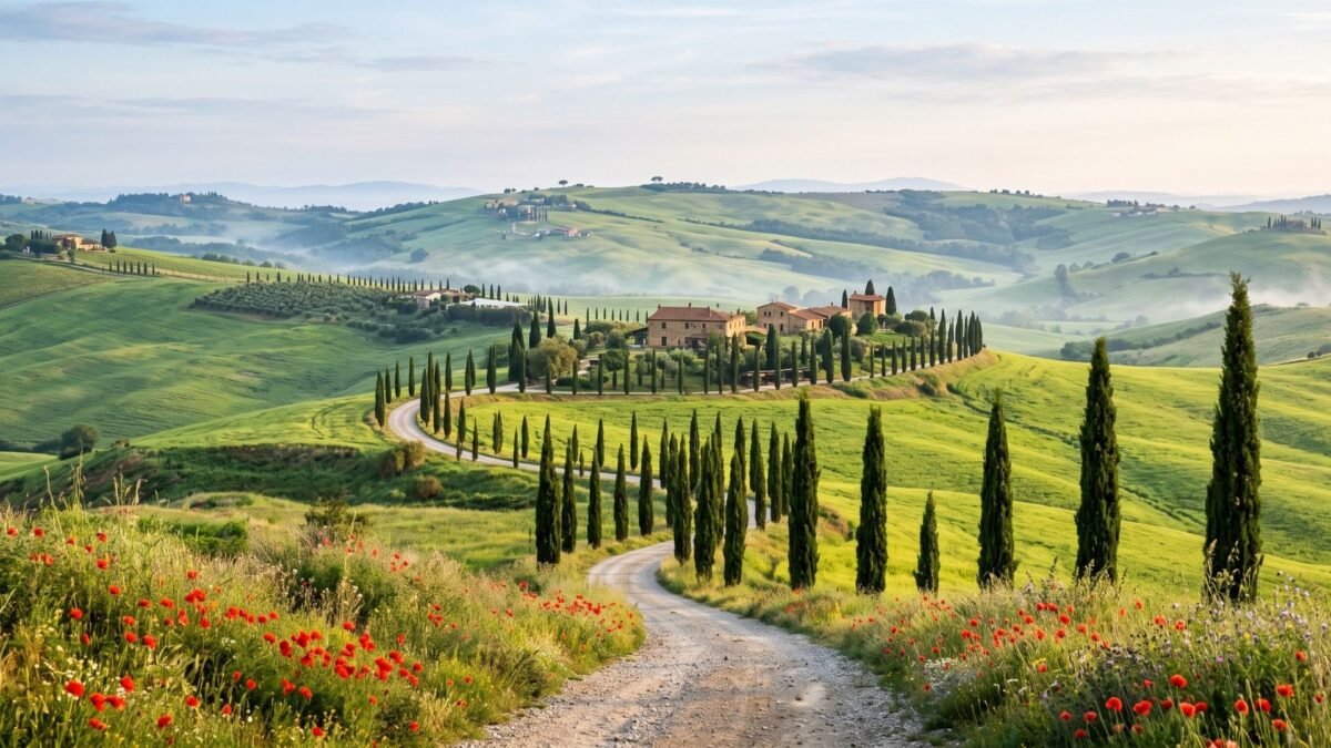 Tuscan countryside in spring with cypress lined road, stone farmhouse and red poppies