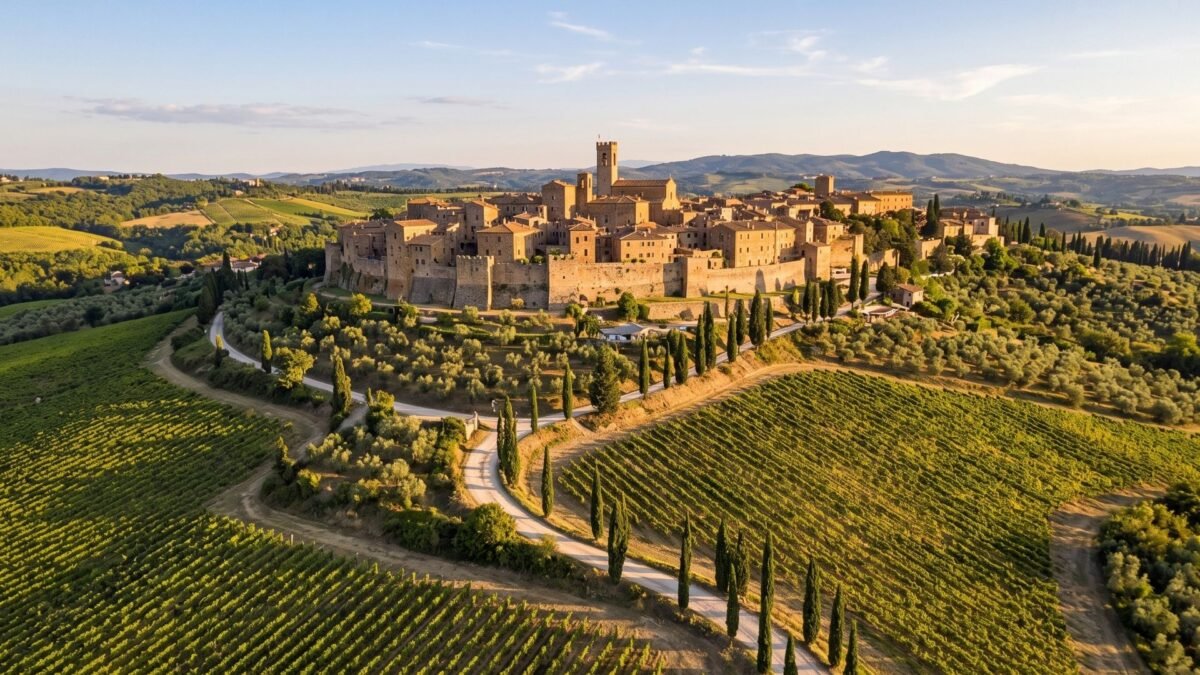 Medieval Tuscan hill town surrounded by vineyards and cypress trees at golden hour