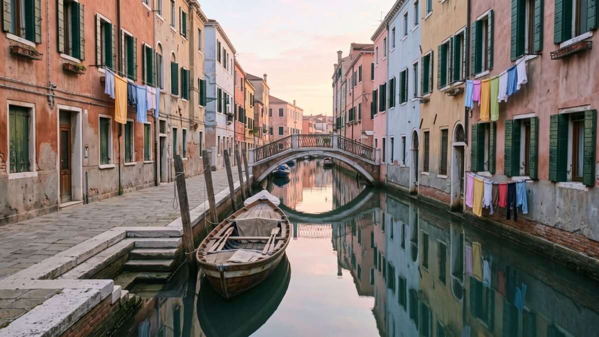Quiet canal in Venice at sunrise with pastel houses, a moored boat and a small stone bridge